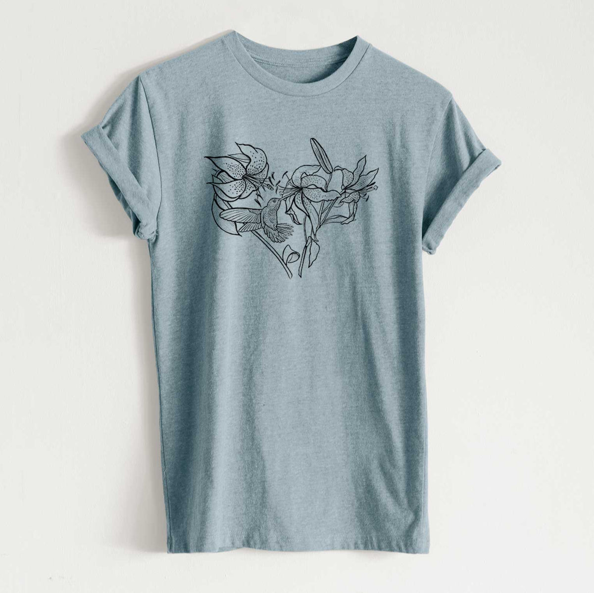 Hummingbird with Lillies Heart - Unisex Recycled Eco Tee  - CLOSEOUT - FINAL SALE