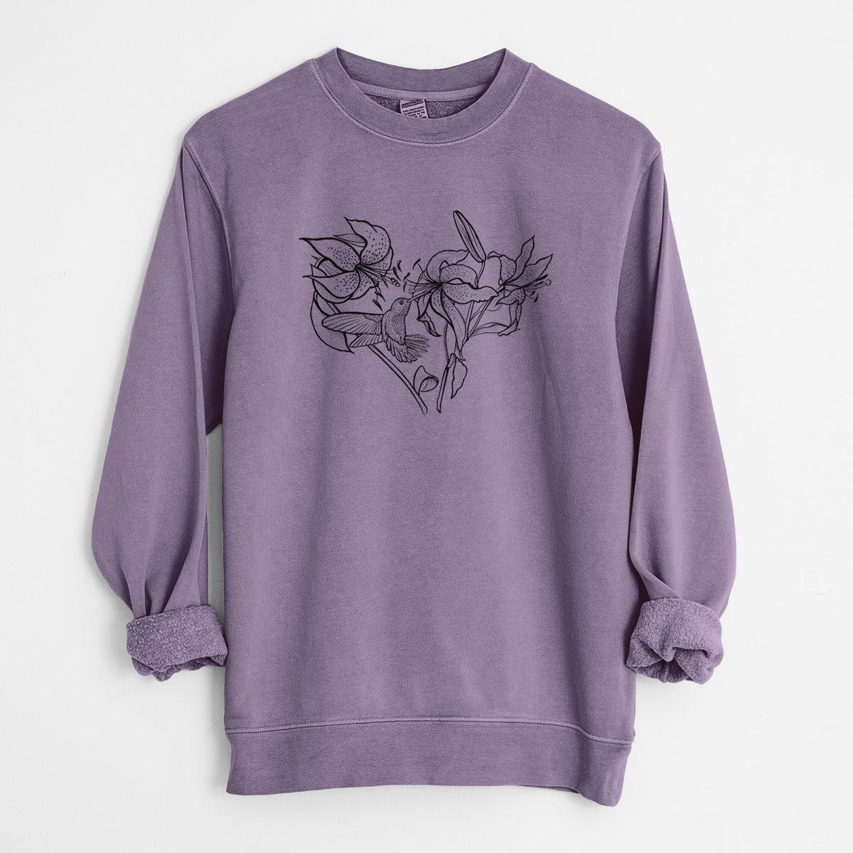 Hummingbird with Lillies Heart - Unisex Pigment Dyed Crew Sweatshirt