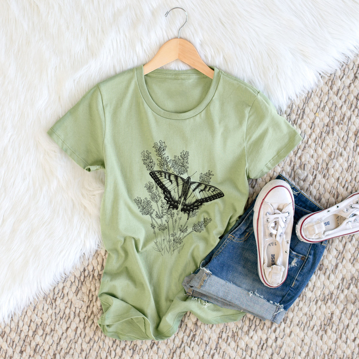 Eastern Tiger Swallowtail with Lavender - Women&#39;s Crewneck - Made in USA - 100% Organic Cotton