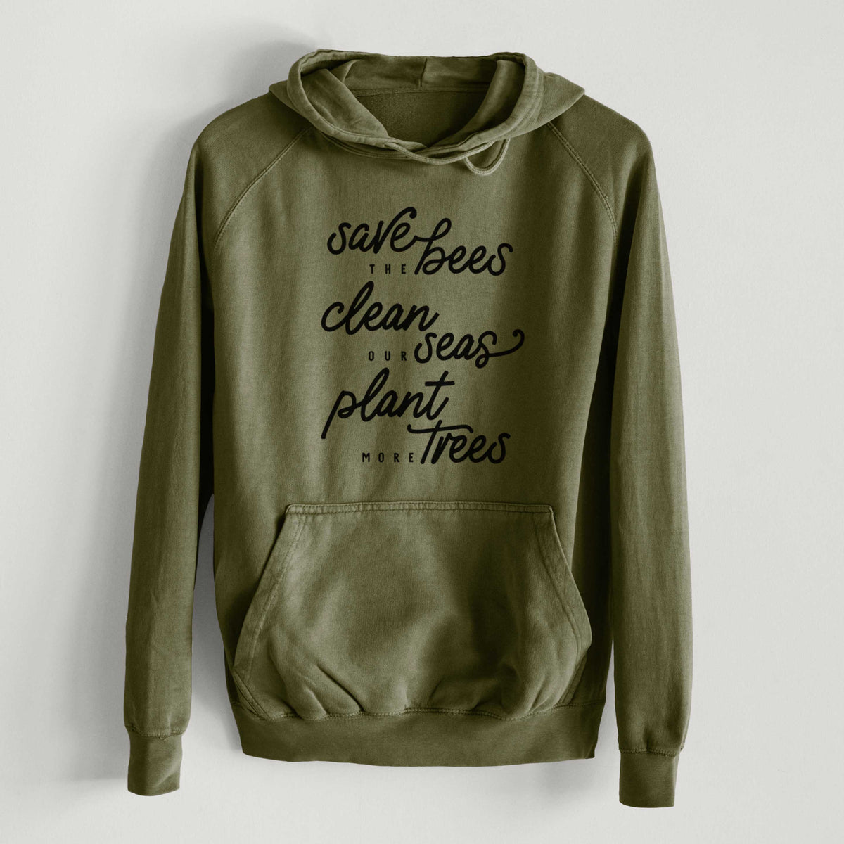 Bees Seas Trees - Typography  - Mid-Weight Unisex Vintage 100% Cotton Hoodie